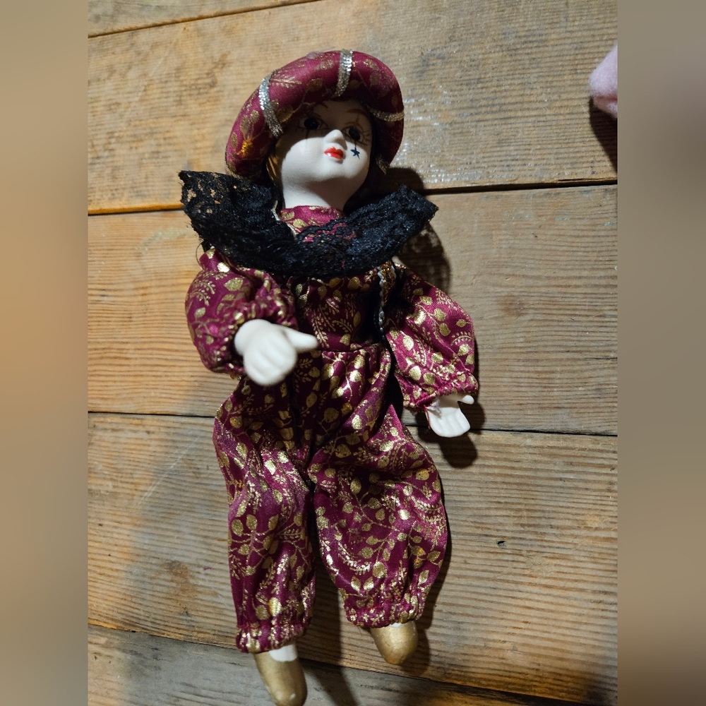 Vintage 7" Porcelain Harlequin Jester Doll - Burgundy & Gold Paisley, Black Lace